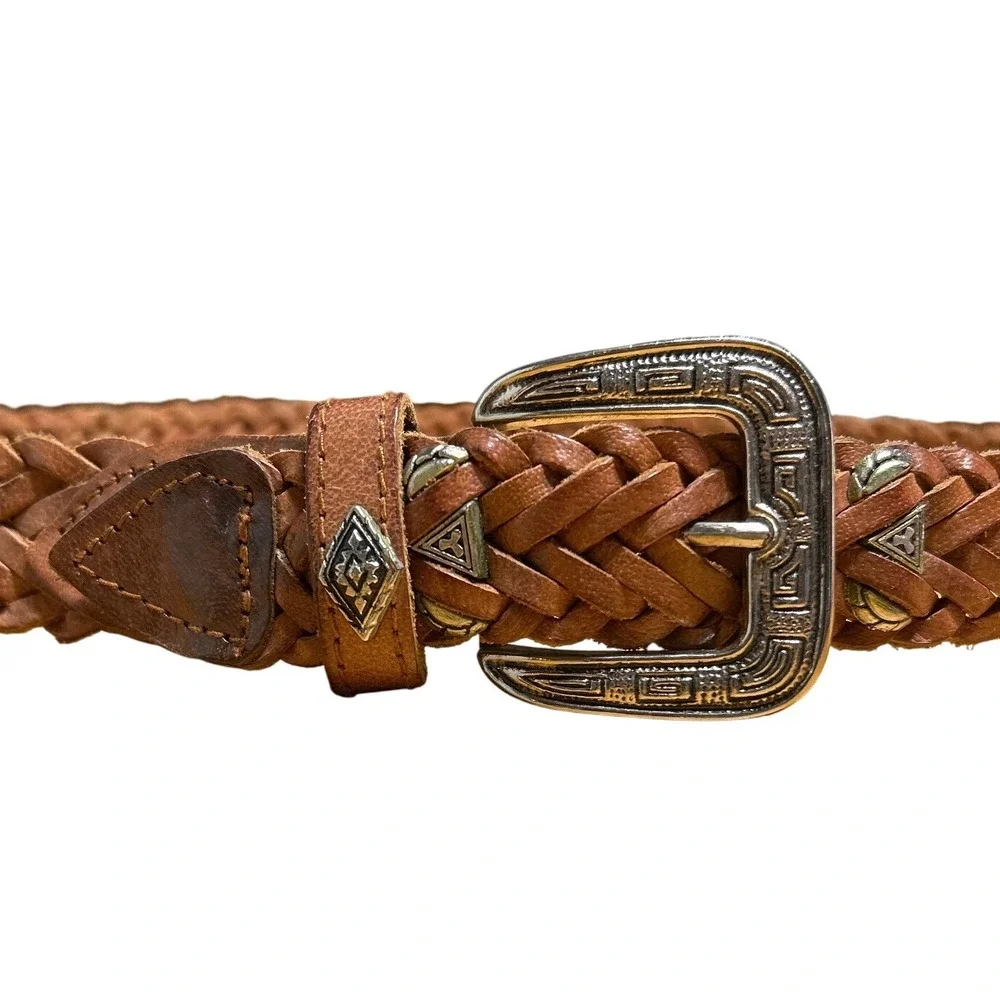 Western‎ Braided Leather Belt Silver Buckle Embellished Bohemian Size 30